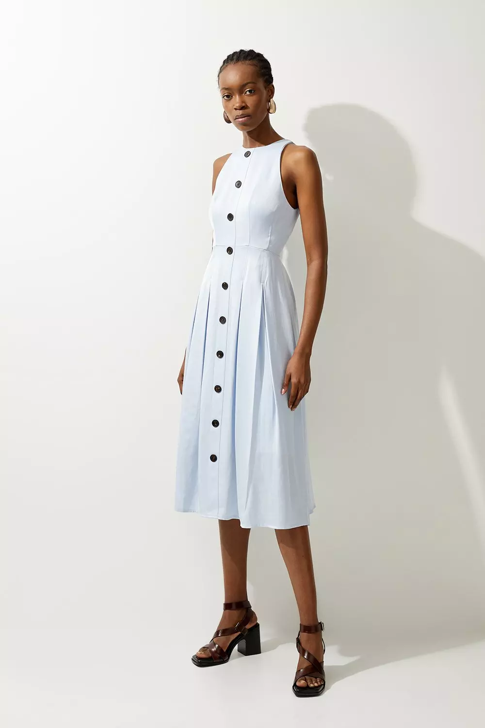 Premium Tailored Linen Button Through Full Skirted Midi Dress Karen Millen